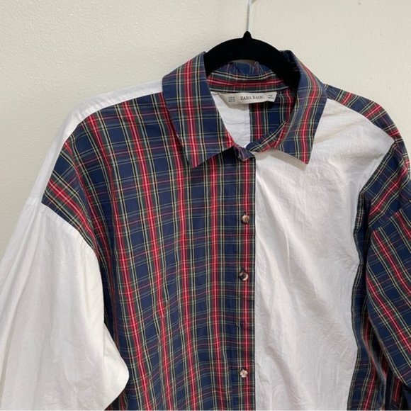 Zara basic women’s half plaid half plain white button down shirt size medium - Picture 7 of 9